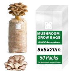 50 Pack Mushroom Grow Bags 6 Mil Polypropylene with 0.2 Micron Filter, 8″x5″x20