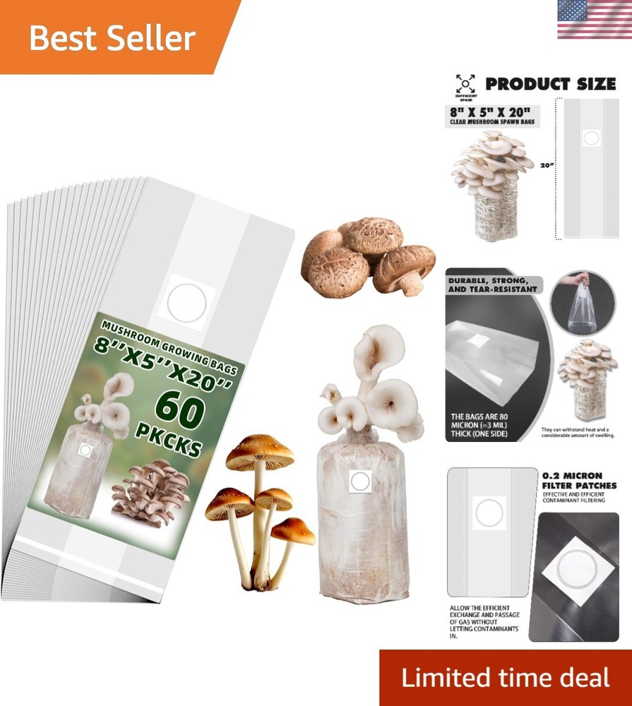 Durable 60-Pack Mushroom Grow Bags with Microporous Filters for Optimal Growth