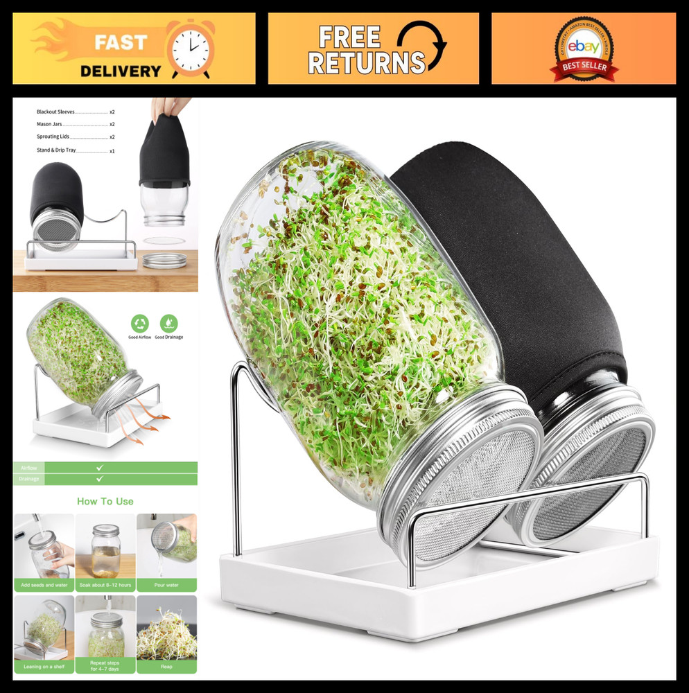 Seed Sprouting Kit – 2 Wide Mouth Jars with Stainless Steel Lids, Drip Tray & St