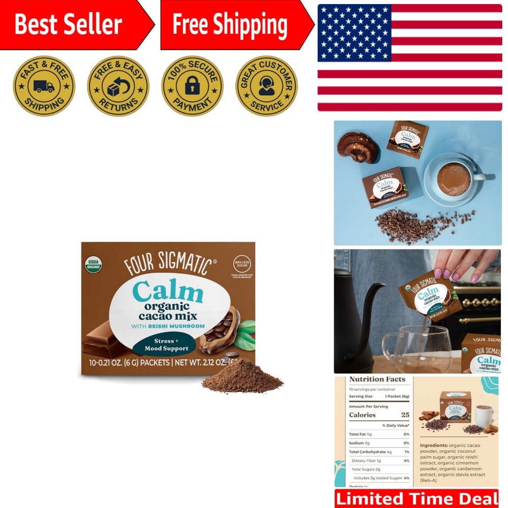 Organic Reishi Mushroom Hot Cacao Mix for Stress Relief – 10 Convenient Packets