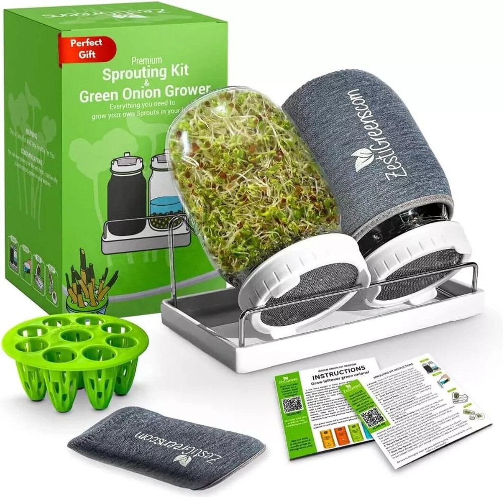 Sprouts Growing Kit with 2 Mason Jars & Sprout Lids for Broccoli, Alfalfa & Bean