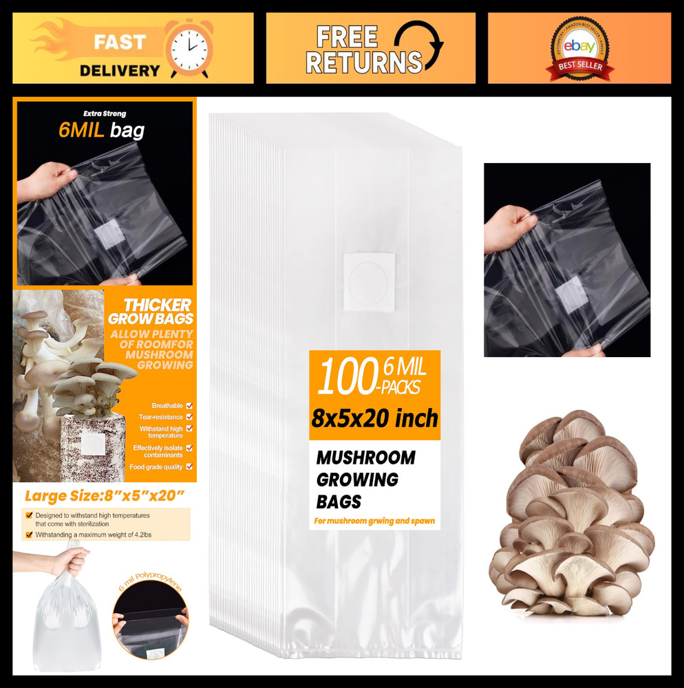 100PCS Mushroom Growing Bags – 8″x5″x20″ Thick, Durable & Tear Resistant, High P