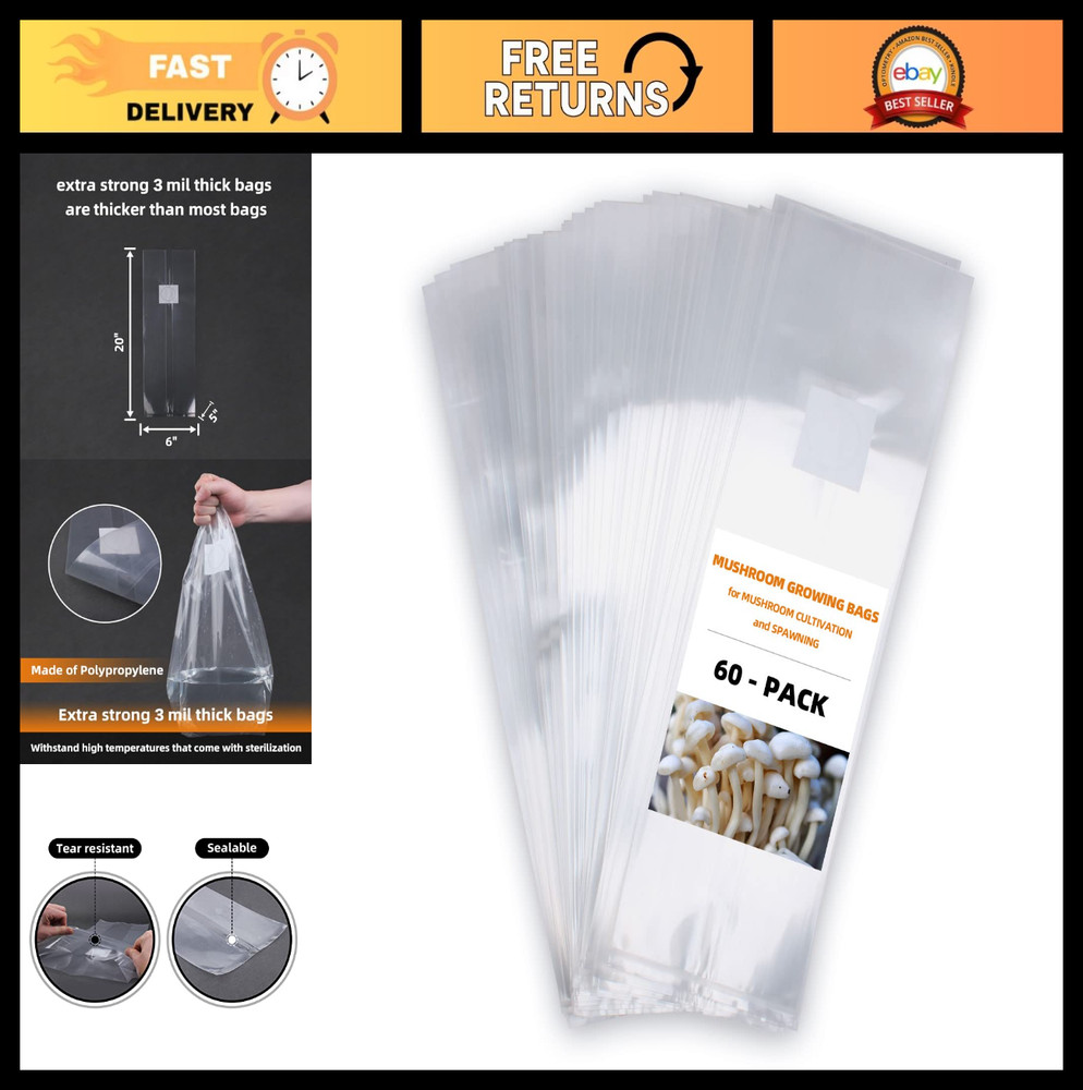 60 Pack Mushroom Grow Bags – 6″x5″x20″ Extra Thick, Breathable Filter, Autoclava