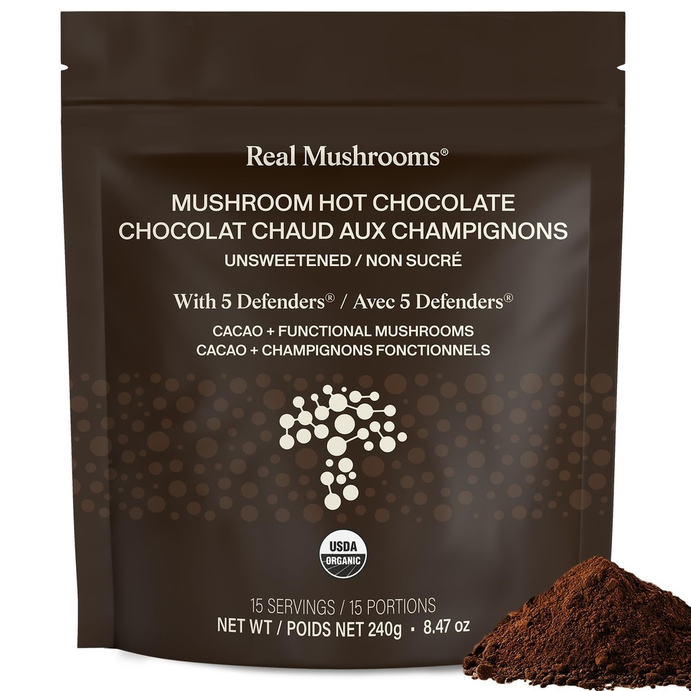 Real Mushrooms Unsweetened Hot Chocolate 8.46 Ounce (Pack of 1), Dark Brown