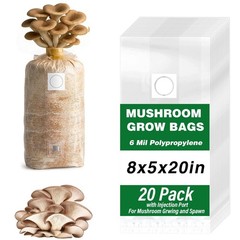 20 Pack Mushroom Grow Bags – 6 Mil Polypropylene, 8″x5″x20″, Filter Patch & Inje