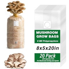 20 Pack Mushroom Grow Bags – 6 Mil Polypropylene, 8″x5″x20″, Filter Patch & Inje