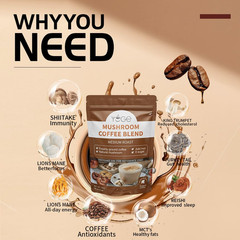 Mushroom Coffee, 6 Adaptogenic Mushrooms with Cordyceps, Reishi, King Trumpet, S