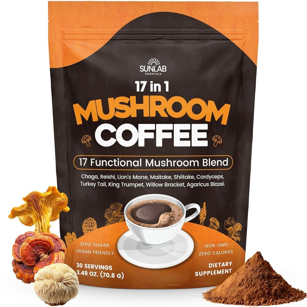 Organic Mushroom Coffee 17 Functional Mushroom Blend Lion’s Mane, Reishi, Cha…
