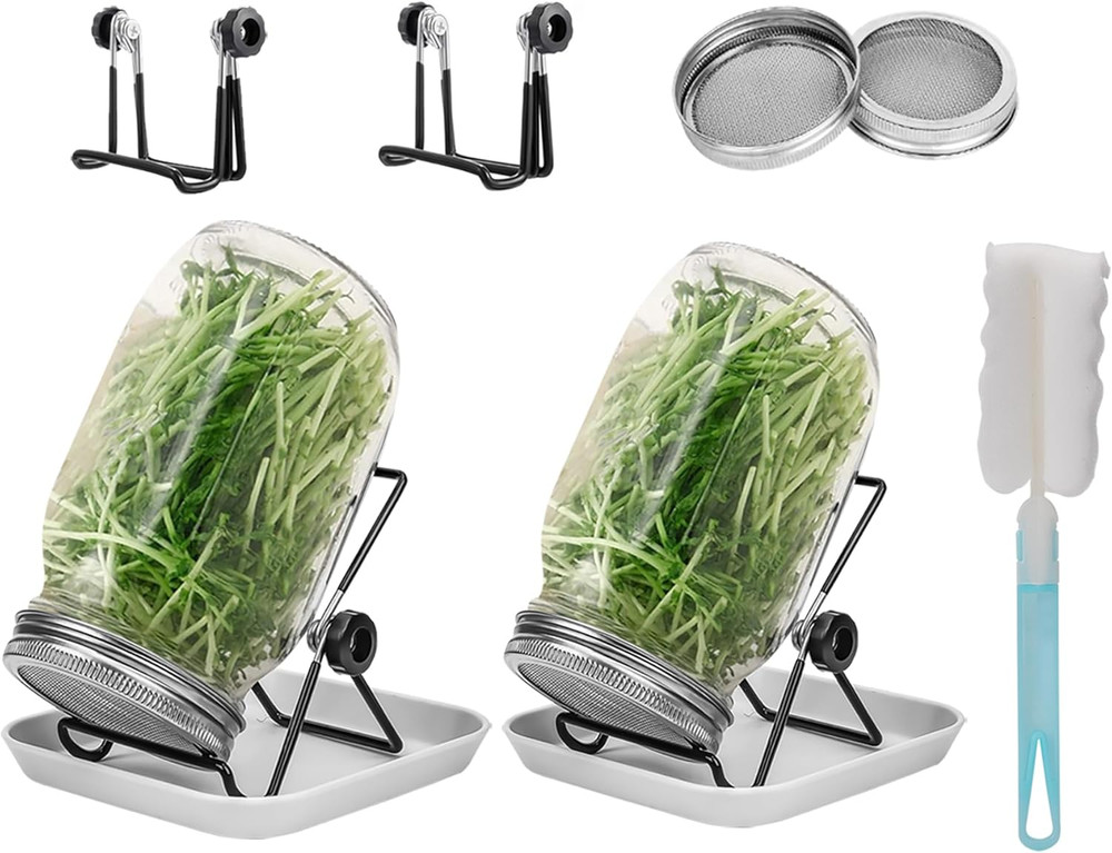 2Pcs Sprouts Growing Jar Kit, Wide Mouth Quart Mason Jars with Stainless Steel S