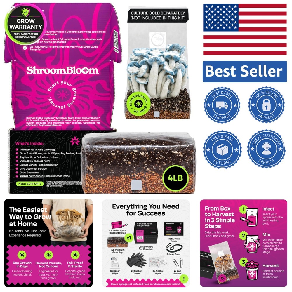 Mushroom Grow Kit – All-in-One 4LB Grow Bag with Self-Healing Port – Fast-Col…