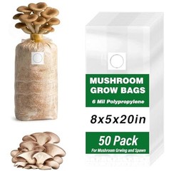 50 Pack Mushroom Grow Bags 6 Mil Polypropylene with Filter Patch, 8″x5″x20