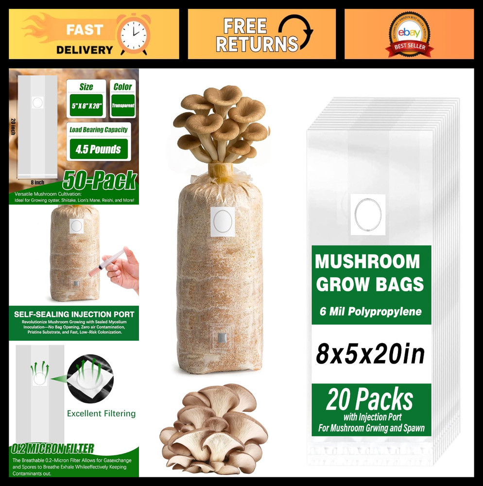 20 Pack Mushroom Grow Bags – 6 Mil Polypropylene, 0.2 Micron Filter, Autoclavabl