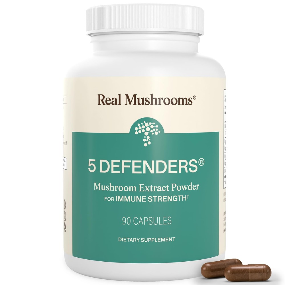 Real Mushrooms 5 Defenders – Adaptogenic 90 Count (Pack of 1), Brown