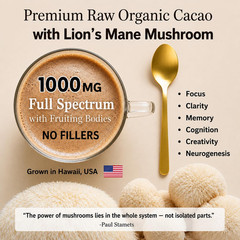 Lion’S Mane Mushroom Cacao | Premium Pure Raw Organic Cacao Powder | Natural Cho