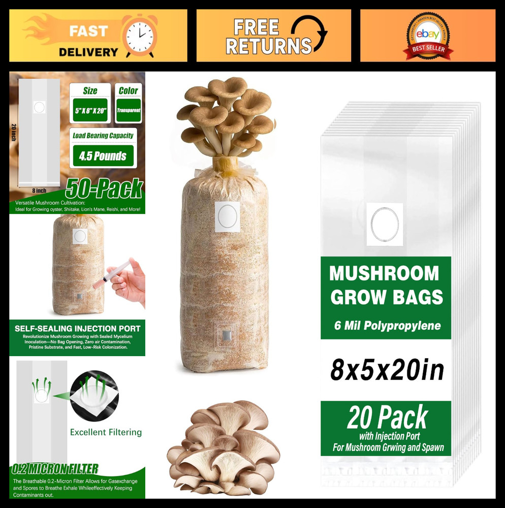 20 Pack Mushroom Grow Bags – 6 Mil Polypropylene, 8″x5″x20″, Filter Patch & Inje