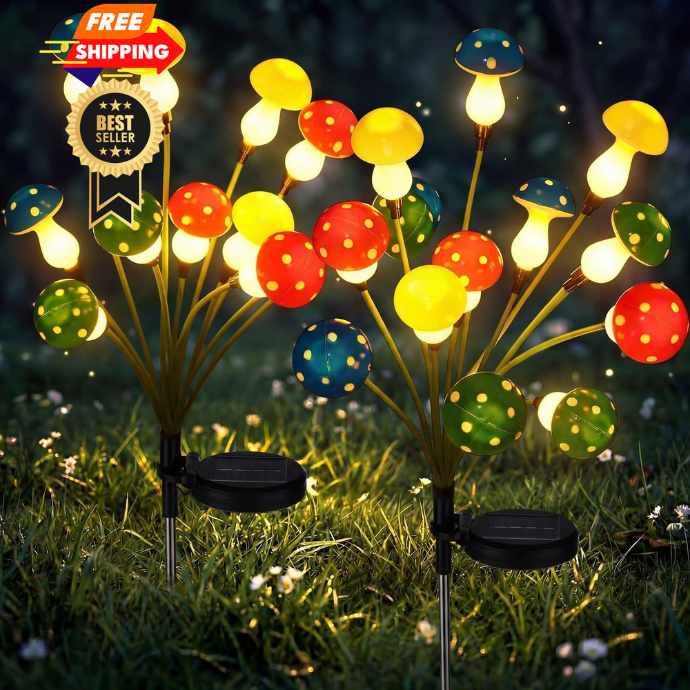 Riakrum 2 Pack Solar Mushroom Lights for Outdoor Garden, Multicolor