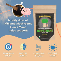Malama Organic Mushroom Hot Cacao Mix, Lion’S Mane Mushroom Powder with Fair Tra