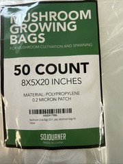 50 Mushroom Growing Bags 8” x 5” x 20” Polypropylene 0.2 Micron Patch